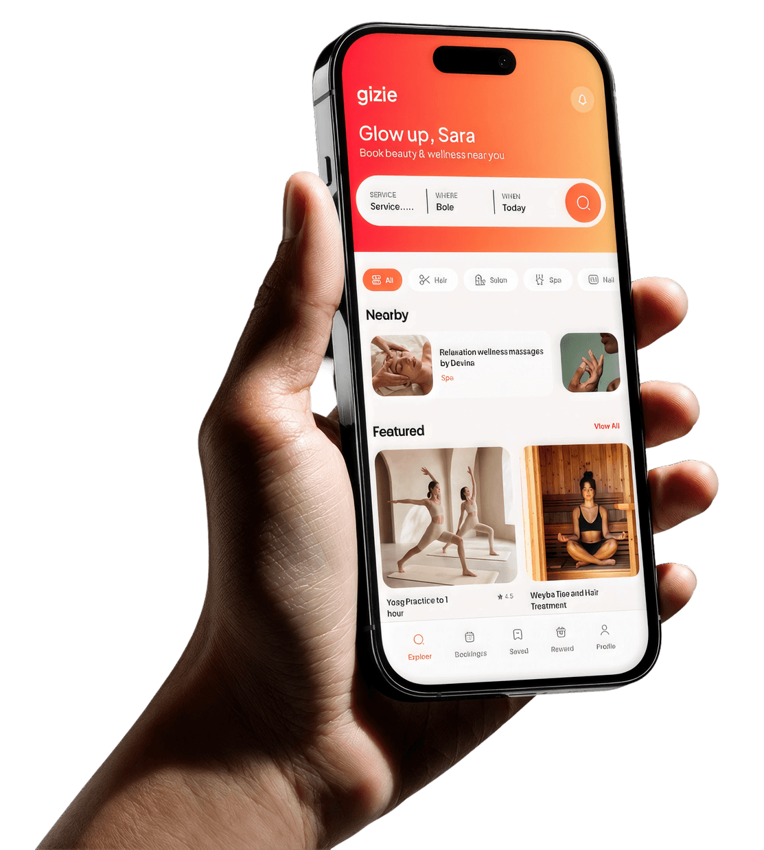 A hand holding a phone open on the Gizie app, showing nearby and featured venues.