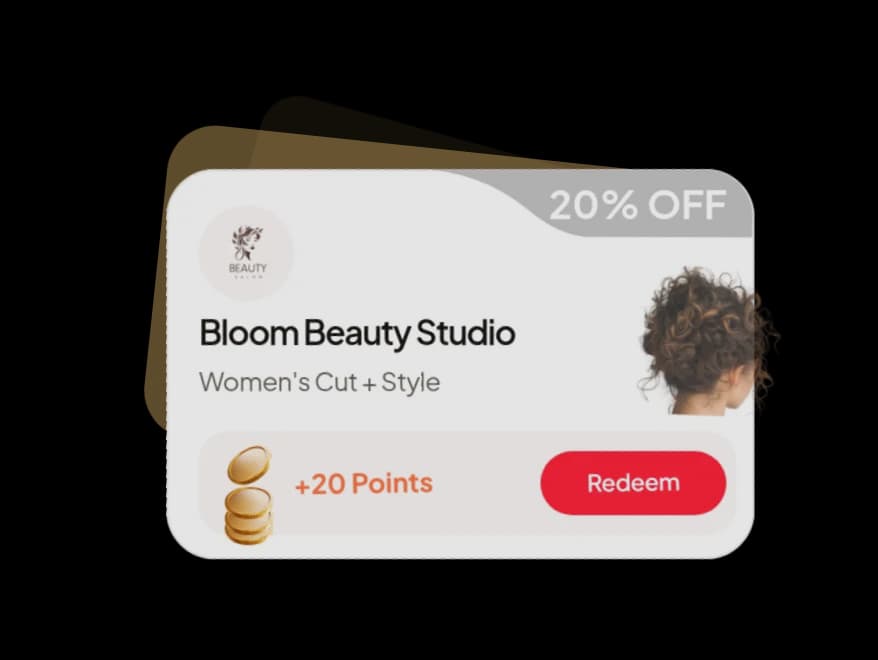 A 20% off offer at Bloom Beauty Studio, redeemable for 20 points.