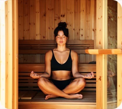 A woman relaxing in a wooden sauna.