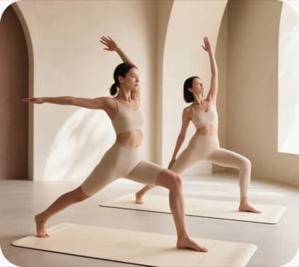Two people in a warrior pose during a yoga class.