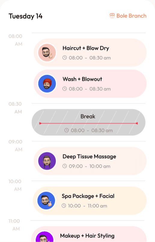 A day view in the Gizie calendar showing back-to-back appointments at Bole Branch.