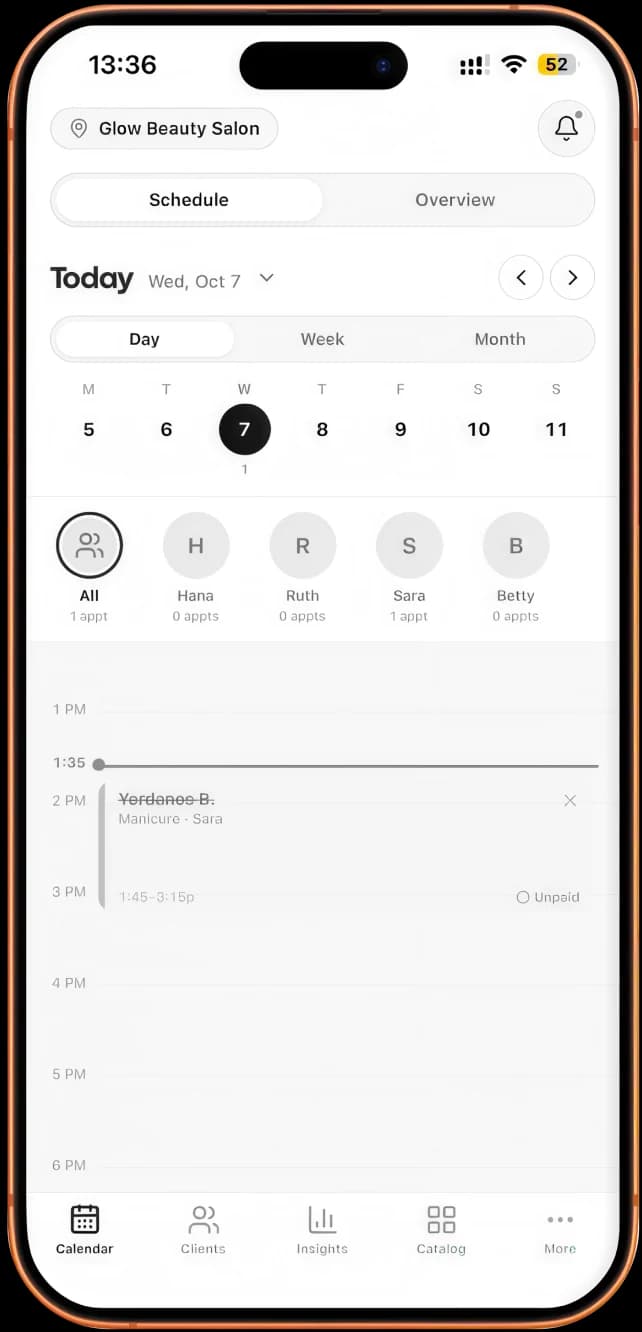 The Gizie for Business calendar: today's appointments for each member of the team.